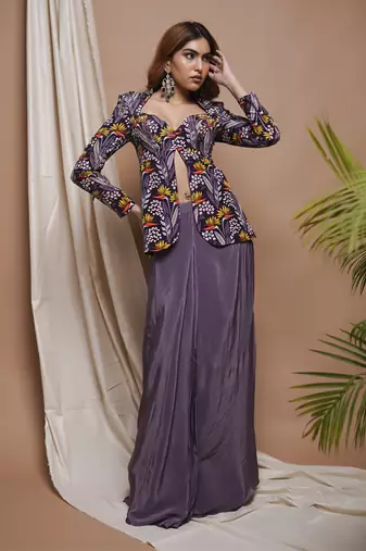 Violet digital printed coat and drape skirt set