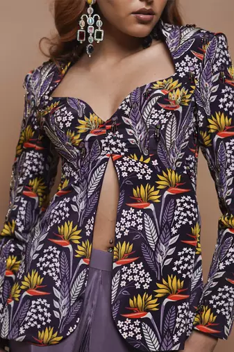 Violet digital printed coat and drape skirt set