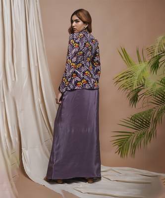 Violet digital printed coat and drape skirt set 4