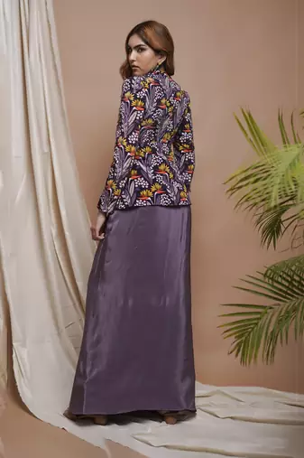 Violet digital printed coat and drape skirt set