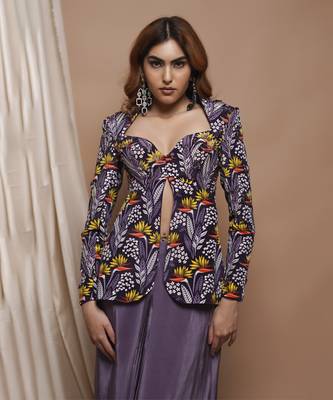 Violet digital printed coat and drape skirt set 5