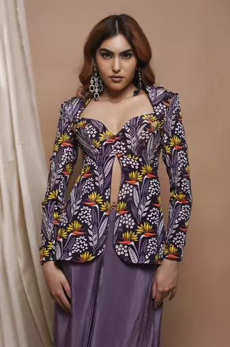 Violet digital printed coat and drape skirt set
