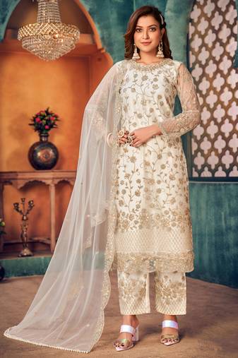 Off white embroidery sequins net straight palazzo - semi stitched(size upto 42")