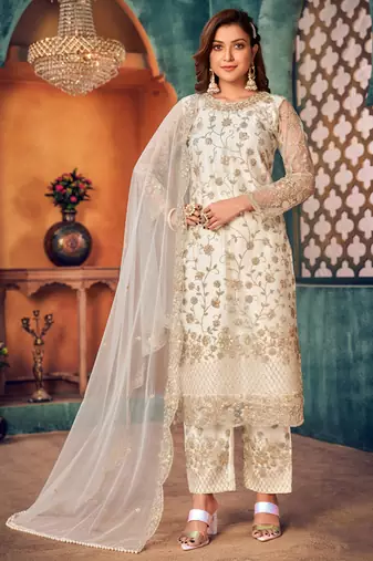 Off white embroidery sequins net straight palazzo - semi stitched(size upto 42")