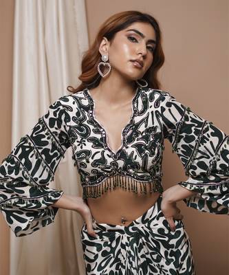 White-green digital printed drape skirt set 3