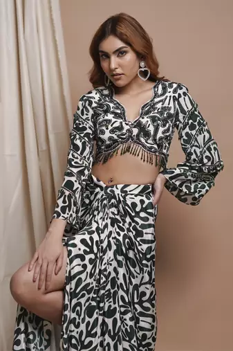 White-green digital printed drape skirt set