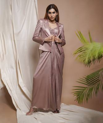 Pink shimmer drape skirt and coat set 1