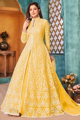Yellow embroidery sequins net anarkali churidar - semi stitched(size upto 42") 1