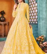 Yellow embroidery sequins net anarkali churidar - semi stitched(size upto 42")