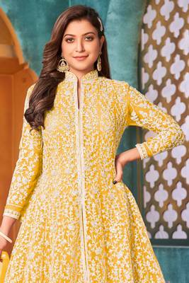 Yellow embroidery sequins net anarkali churidar - semi stitched(size upto 42") 2