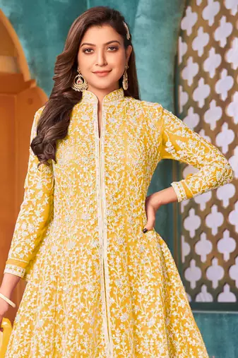 Yellow embroidery sequins net anarkali churidar - semi stitched(size upto 42")