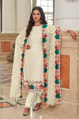 Off white embroidery sequins georgette straight churidar - (size upto 42") 1