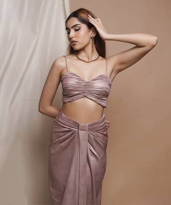 Pink shimmer drape skirt and coat set 5