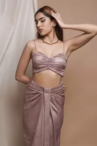Pink shimmer drape skirt and coat set