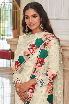 Off white embroidery sequins georgette straight churidar - (size upto 42") 2