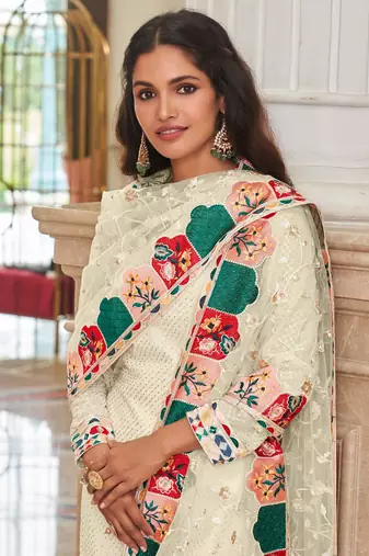Off white embroidery sequins georgette straight churidar - (size upto 42")