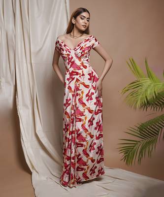 Cream abstract off shoulder corset drape dress 1