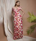 Cream abstract off shoulder corset drape dress