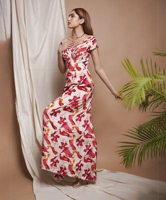 Cream abstract off shoulder corset drape dress 2