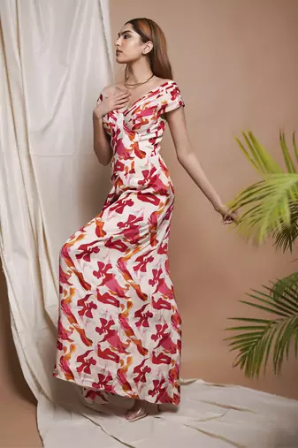 Cream abstract off shoulder corset drape dress