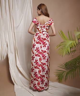 Cream abstract off shoulder corset drape dress 3