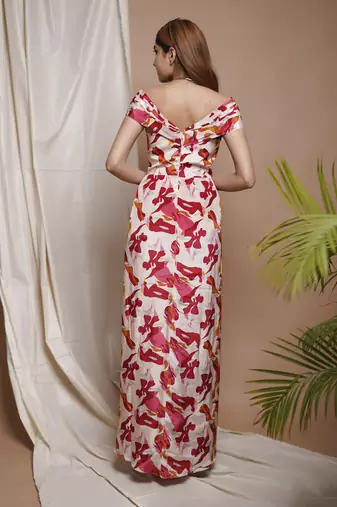 Cream abstract off shoulder corset drape dress