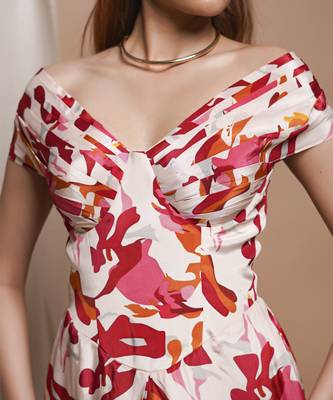 Cream abstract off shoulder corset drape dress 4