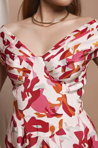 Cream abstract off shoulder corset drape dress