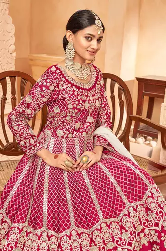 Pink embroidery sequins art silk anarkali churidar - (size upto 42")