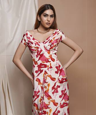 Cream abstract off shoulder corset drape dress 5