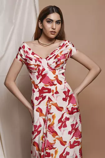 Cream abstract off shoulder corset drape dress