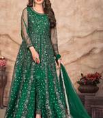 Green embroidery sequins net anarkali pant - (size upto 42")