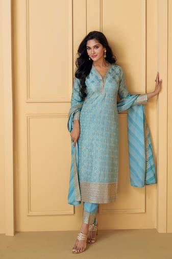Blue embroidery, secquins jacquard silk straight pant - free size stitched(size upto 42")