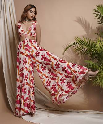 Cream abstract printed v-neck jumpsuit 2