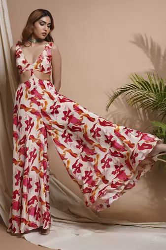 Cream abstract printed v-neck jumpsuit