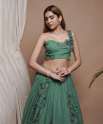 Bright Green 3-D Organza Indo Lehenga Set 5