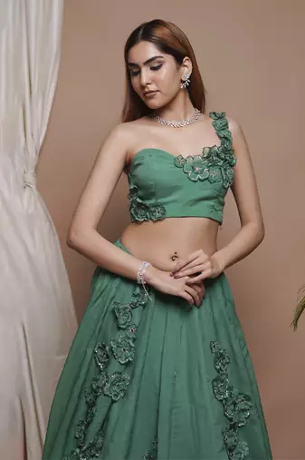 Bright Green 3-D Organza Indo Lehenga Set