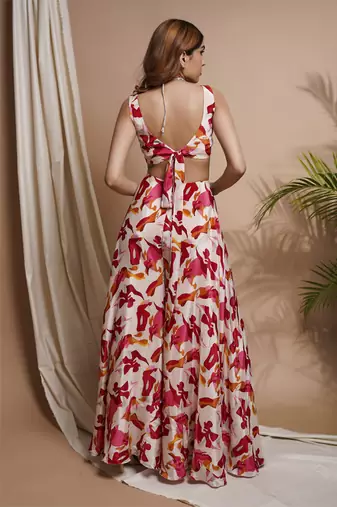 Cream abstract printed v-neck jumpsuit