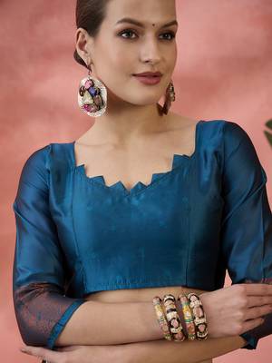 Blue Poly silk saree with jacquard work & printed design 5