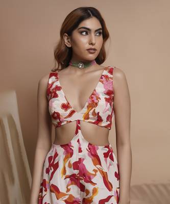 Cream abstract printed v-neck jumpsuit 5