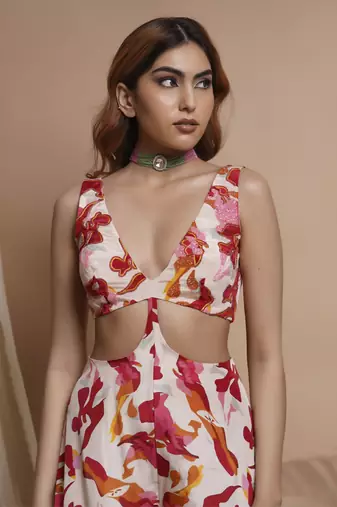 Cream abstract printed v-neck jumpsuit