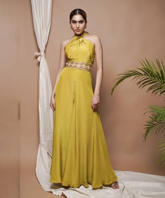 Green crepe halter neck jumpsuit 1