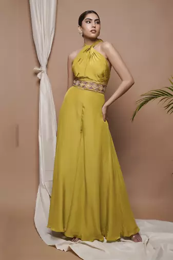 Green crepe halter neck jumpsuit