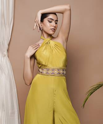 Green crepe halter neck jumpsuit 4