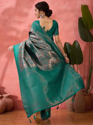 teal Poly silk saree with jacquard work & printed design 6