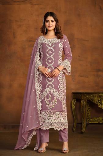 Lilac embroidery, sequins organza straight pant - (size upto 42")