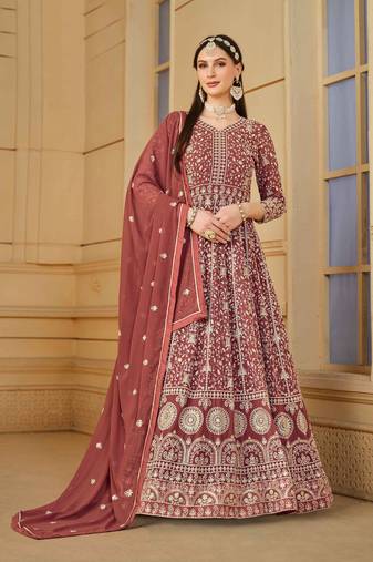 Rose gold embroidery, sequins georgette anarkali churidar - (size upto 42")