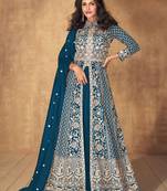 Teal blue embroidery silk anarkali lehenga - free size stitched(size upto 42")