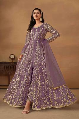 Purple embroidery, secquins net anarkali pant - semi stitched(size upto 42") 1