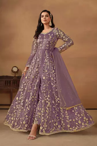 Purple embroidery, secquins net anarkali pant - semi stitched(size upto 42")